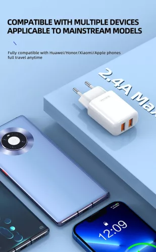  Jellico EU02 Hálózati töltő 2.4A 12W 2xUSB, Fehér