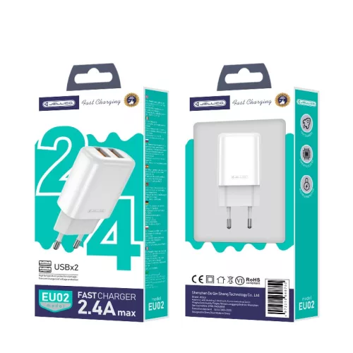  Jellico EU02 Hálózati töltő 2.4A 12W 2xUSB, Fehér