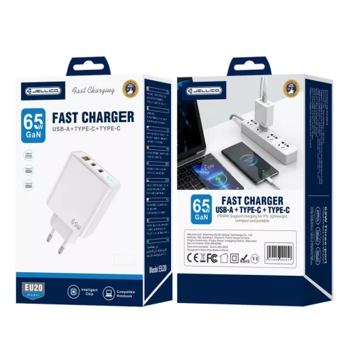 Jellico EU20 GaN PD Hálózati töltő 65W 2 x USB-C + 1 xUSB QC3.0, fehér