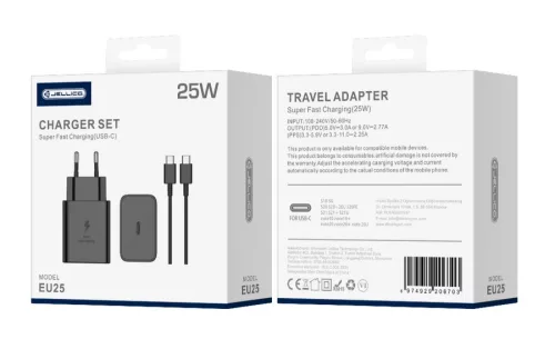 Jellico EU25 Hálózati gyorstöltő 25W USB-C, + USB-C-USB-C kábel, Fehér