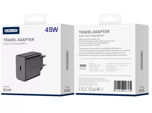 JELLICO fali töltő EU45 GaN PD 45W 1xUSB-C, Fekete