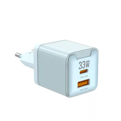 JELLICO fali töltő EU55BL GaN PD 33W 1xUSB-C + 1xUSB QC3.0, kék