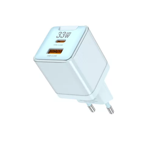 JELLICO fali töltő EU55BL GaN PD 33W 1xUSB-C + 1xUSB QC3.0, kék