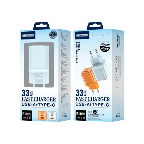 JELLICO fali töltő EU55BL GaN PD 33W 1xUSB-C + 1xUSB QC3.0, kék