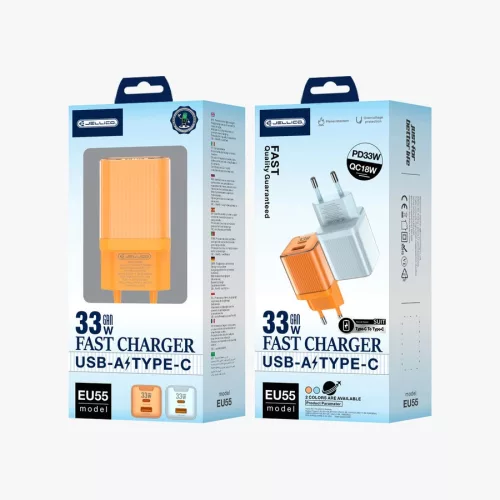 JELLICO fali töltő EU55 GaN PD 33W 1xUSB-C + 1xUSB QC3.0, Narancssárga