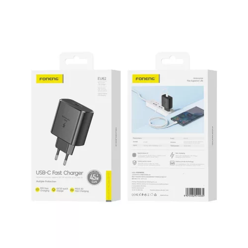 Hálózati töltő Foneng EU62 GaN PD 45W 1xUSB-C fekete szín