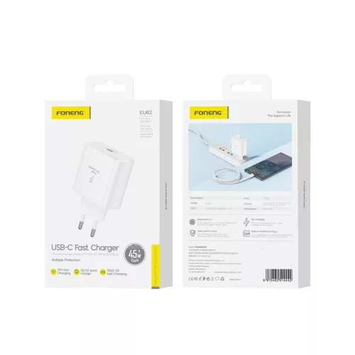 Foneng Hálózati töltő EU62W GaN PD 45W 1xUSB-C fehér szín
