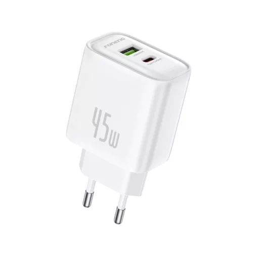 Foneng fali töltő EU67 PD 45W GaN 1xUSB-C + 1xUSB QC3.0 + kábel USB-C - USB-C, fehér