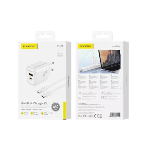 Foneng fali töltő EU67 PD 45W GaN 1xUSB-C + 1xUSB QC3.0 + kábel USB-C - USB-C, fehér