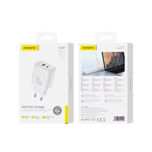 Foneng fali töltő EU67 PD 45W GaN 1xUSB-C + 1xUSB QC3.0, fehér