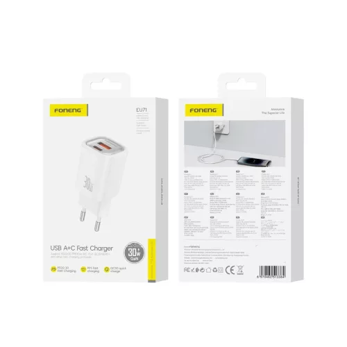 Foneng fali töltő EU71 PD 30W 1xUSB-C + 1xUSB QC3.0 + kábel USB-C - USB-C, fehér