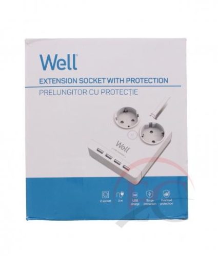 Well EXTS-2S3M-PROT/USB4-WL Kettő férőhelyes földelt kapcsolós elosztó + 4x USB
