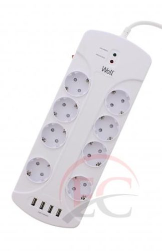 Well EXTS-8S3M-PROT-USB4-WL Nyolc férőhelyes földelt kapcsolós elosztó + 4x USB