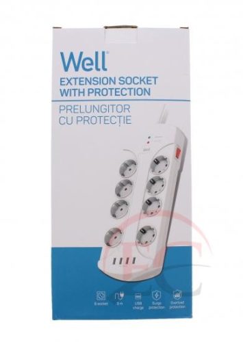 Well EXTS-8S3M-PROT-USB4-WL Nyolc férőhelyes földelt kapcsolós elosztó + 4x USB