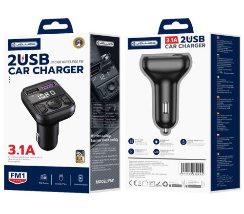 Jellico FM1 Bluetooth FM Transmitter, 2 x USB, 3,1A, Fekete