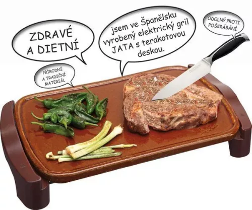 Jata GR559 1600 W elektromos grillsütő – kézzel készített terrakotta grilllap, állítható termosztát