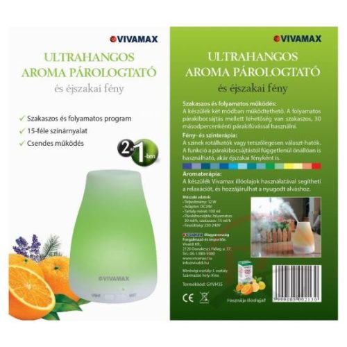 Vivamax Ultrahangos illóolaj párologtató és éjszakai fény (GYVH35)