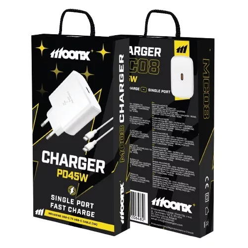 MOONX fali töltő MC08 PD 45W 1xUSB-C + kábel USB-C - USB-C, Fehér