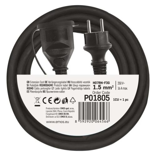 Emos P01805 Kültéri hosszabbító 5 m / 1 aljzat / fekete / gumi-neoprén / 250 V / 1,5 mm2