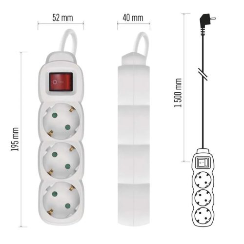Emos P1321R Hosszabbító 1,5 m / 3 aljzat / kapcsolós / fehér / PVC / 1,5 mm²