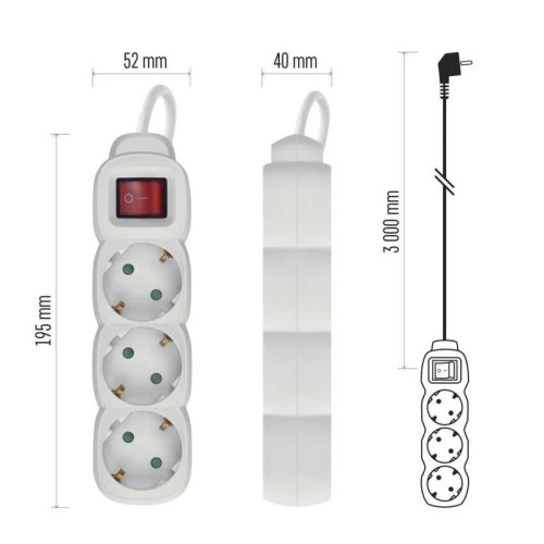 Emos P1323R Hosszabbító 3 m / 3 aljzat / kapcsolós / fehér / PVC / 1,5 mm²