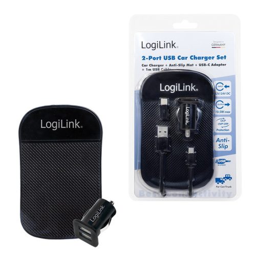 Logilink USB autós töltő, 2x USB port, 10.5W + csúszásgátló szőnyeg