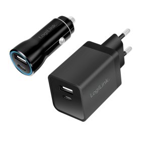   Logilink USB töltőkészlet, autós és váltóáramú, USB-C/F + USB-A/F, 5 V/15 W, fekete (PA0300)