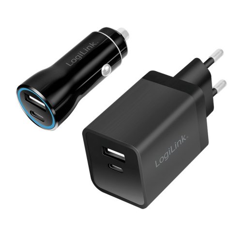 Logilink USB töltőkészlet, autós és váltóáramú, USB-C/F + USB-A/F, 5 V/15 W, fekete