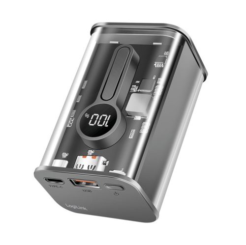 Logilink Power bank 10000 mAh, 1x USB-A, 1x USB-C, kijelzővel, PD & QC, transzp.