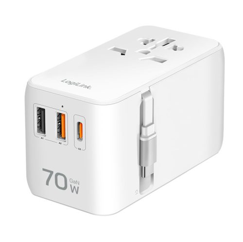 Logilink Univerzális utazó tápegység, 70 W (PD), 4x csatlakozások + kábel, tűzálló, fehér