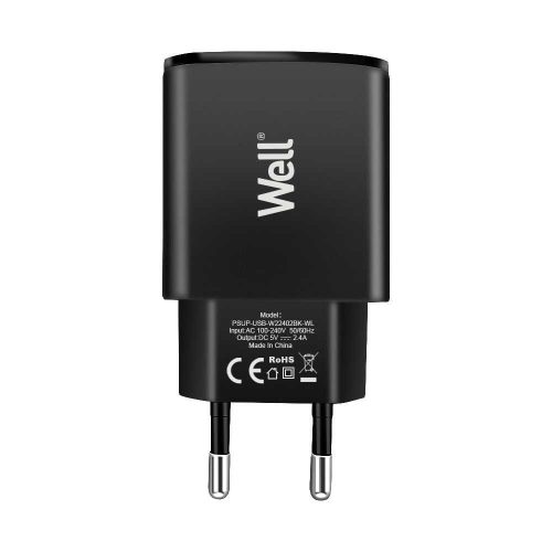 Well hálózati töltő fekete, 2USB 2,4A, PSUP-USB-W22402BK-WL