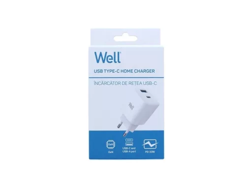 Well PSUP-USB-WPD3301WE-WL 1x USB-A- 1xUSB-C GaN, PD Hálózati töltő – Fehér (30W)