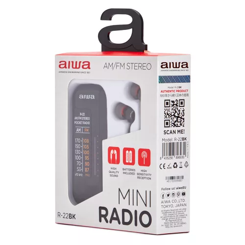 Aiwa R-22BK Hordozható, Stílusos, Vintage, Japán Zsebrádió fekete színben