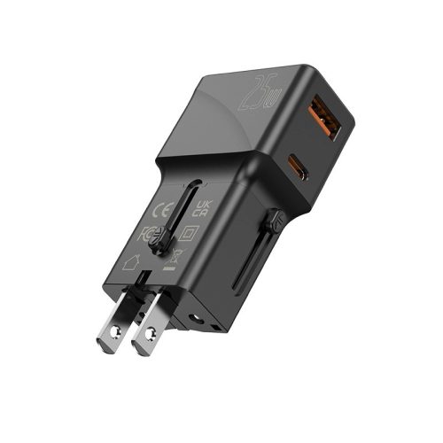 JELLICO univerzális utazó adapter S6 PD 25W 1xUSB-C + 1xUSB QC3.0, fekete