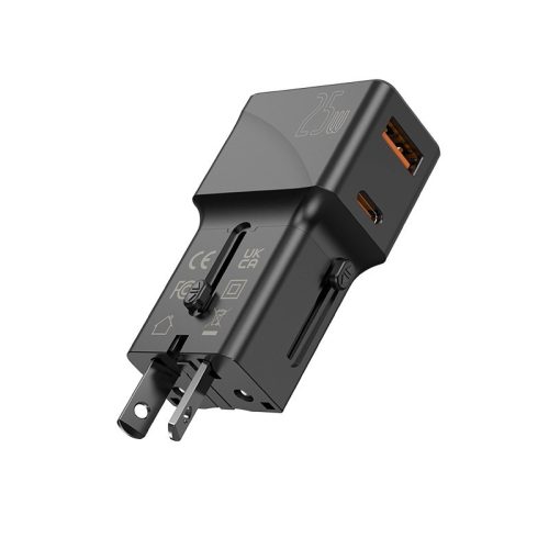 JELLICO univerzális utazó adapter S6 PD 25W 1xUSB-C + 1xUSB QC3.0, fekete