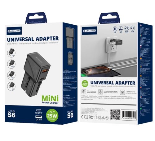 JELLICO univerzális utazó adapter S6 PD 25W 1xUSB-C + 1xUSB QC3.0, fekete