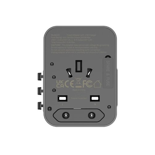 JELLICO univerzális utazó adapter S9 PD 2xUSB-C + 1xUSB, 3.4A Max 2500W, Fekete