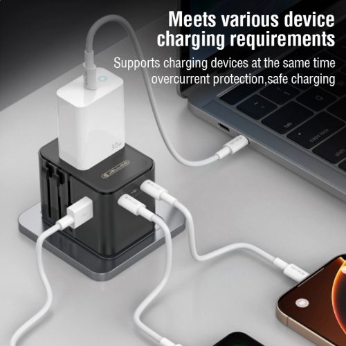 JELLICO univerzális utazó adapter S9 PD 2xUSB-C + 1xUSB, 3.4A Max 2500W, Fekete