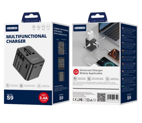 JELLICO univerzális utazó adapter S9 PD 2xUSB-C + 1xUSB, 3.4A Max 2500W, Fekete