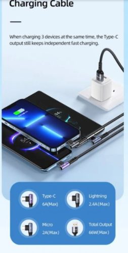 USAMS SJ561USB01 3 az 1-ben gyorstöltő és adat kábel Micro USB, Lightning, Type-C, 66W