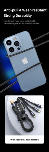 USAMS SJ582USB01 3 az 1 ben (micro usb, lightning, usb-c) gyorstöltő szövet kábel LCD kijlezővel