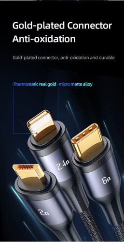 USAMS SJ582USB01 3 az 1 ben (micro usb, lightning, usb-c) gyorstöltő szövet kábel LCD kijlezővel