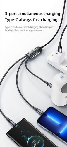 USAMS SJ582USB01 3 az 1 ben (micro usb, lightning, usb-c) gyorstöltő szövet kábel LCD kijlezővel