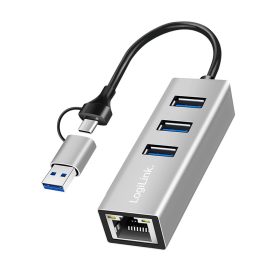   Logilink USB 3.2 Gen 1 hub, 3x USB-A, 1x RJ45, 2 az 1-ben csatlakozókábel, ezüst (UA0440)