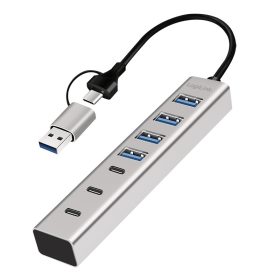   Logilink USB 3.0 hub, 7 port, 4x USB-A, 3x USB-C, 2 az 1-ben csatlakozókábel, 5 Gbit/s, ezüst (UA0442)