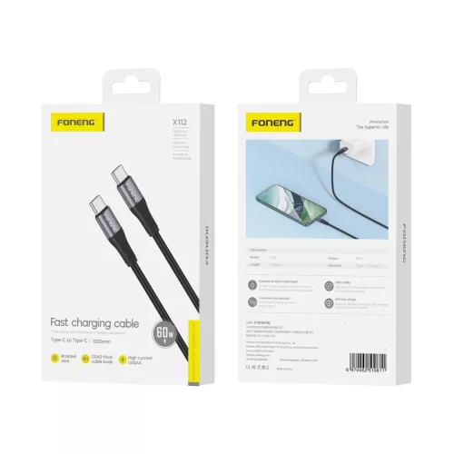 FONENG kábel X112 USB-C - USB-C PD 60W 1m, fekete