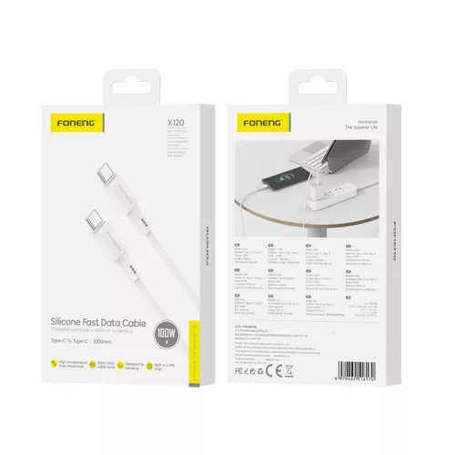 FONENG kábel X120 USB-C - USB-C PD 100W 1m, fehér