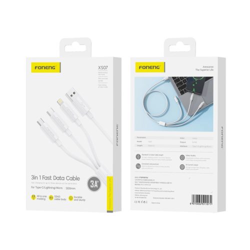 Foneng XS07W Series 3 az 1-ben USB-kábel USB-C + micro USB + Lightning 60W 1.2m, fehér