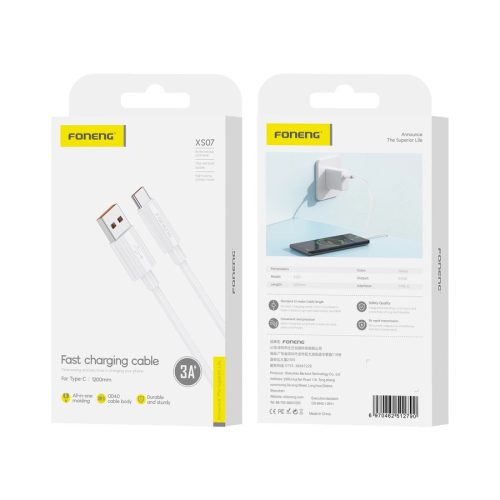 Foneng XS07 USB-A apa - USB-C apa Adat- és töltőkábel 1m - Fehér