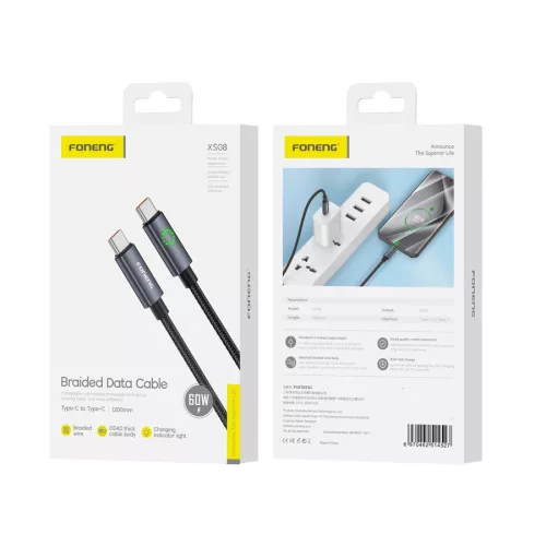 FONENG XS08 kábel USB-C - USB-C PD 60W 1.2m, Fekete